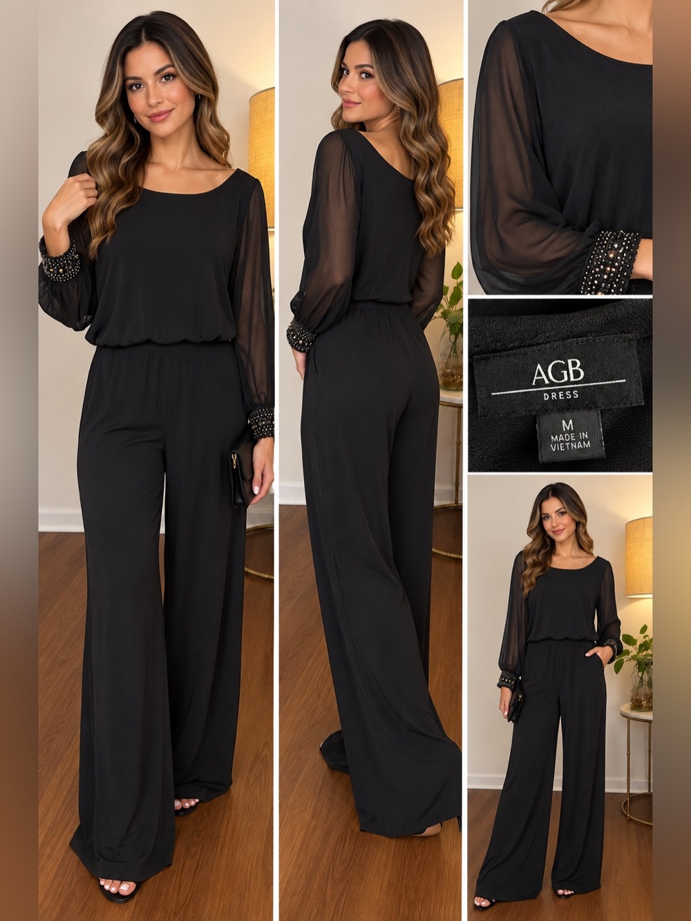 AGB Women’s Black Wide-Leg Jumpsuit with Sheer Bishop Sleeves Size Medium